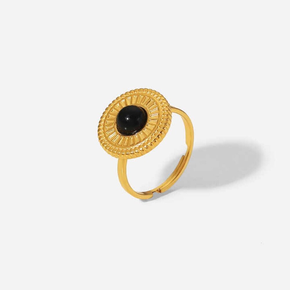 18K Gold Plated Stainless Steel Black Semi-Precious Stone Adjustable Ring